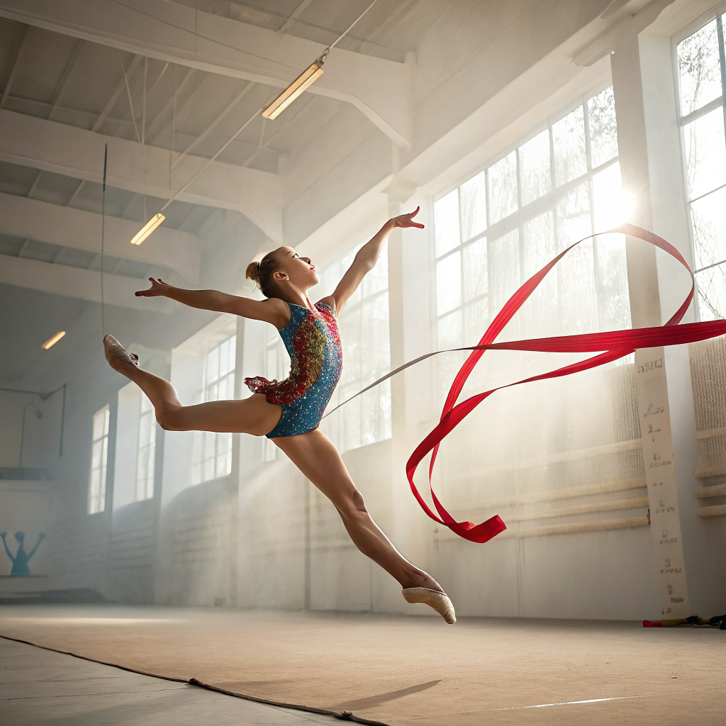 Ginnasta che esegue un esercizio con il nastro durante un allenamento di ginnastica ritmica