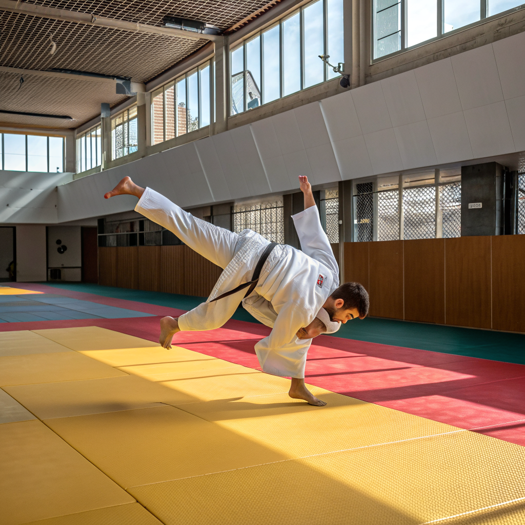 Judoka esegue proiezione dinamica durante allenamento di judo a Milano