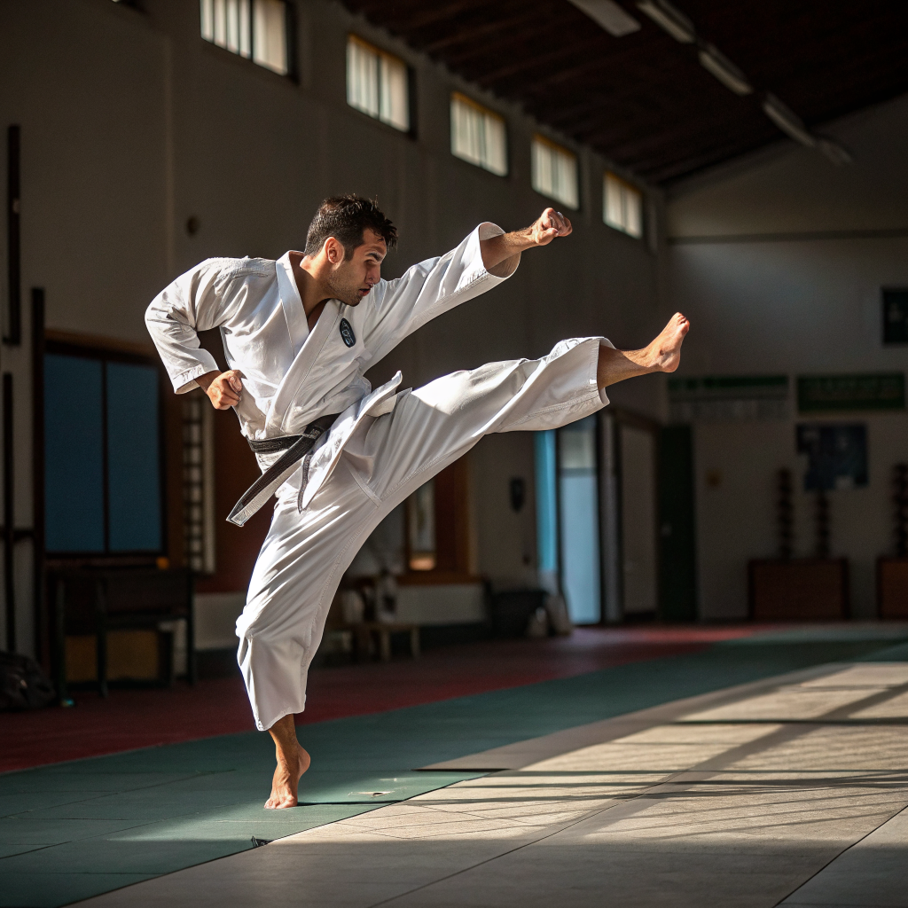 Karateka esegue calcio mawashi geri durante allenamento in palestra a Firenze