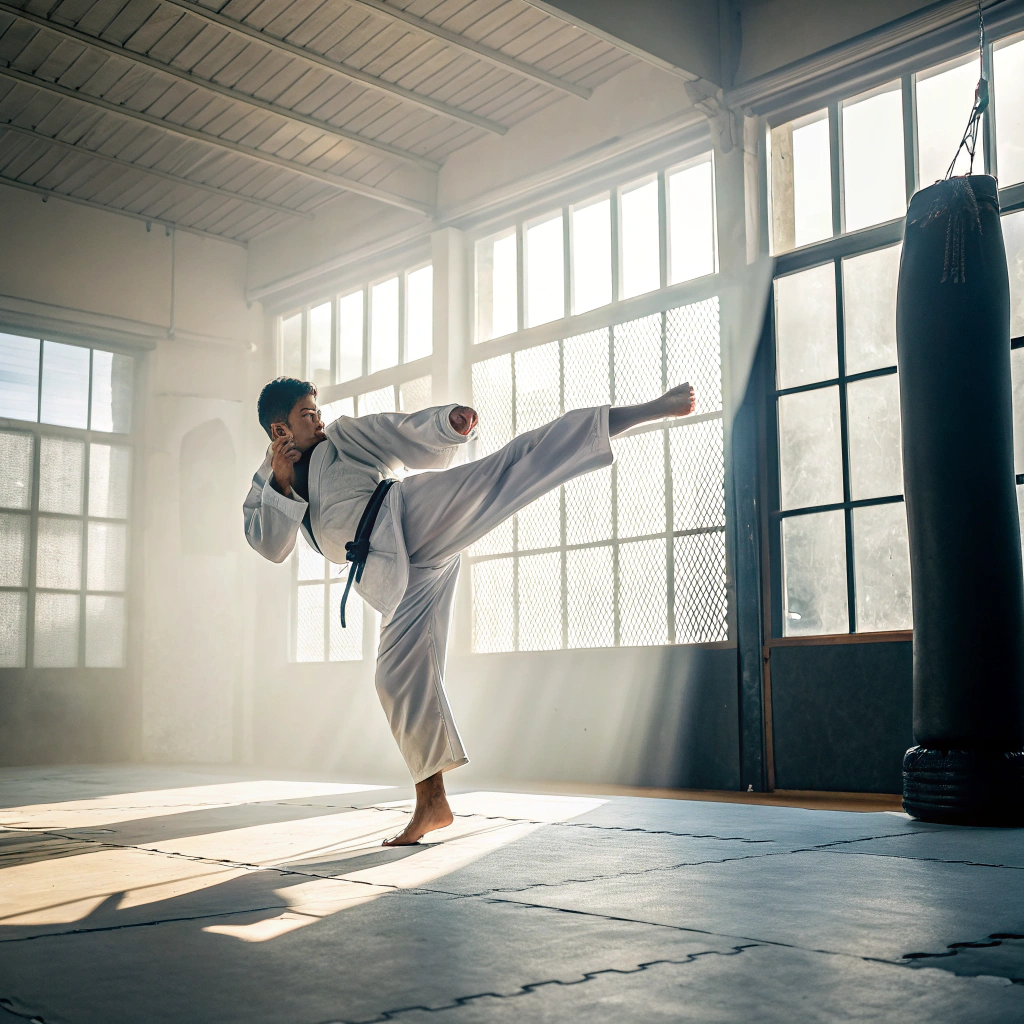 Atleta che pratica karate durante un calcio laterale in un dojo a Milano