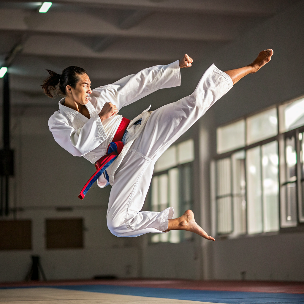 Praticante di karate esegue un calcio laterale dinamico in palestra a Roma
