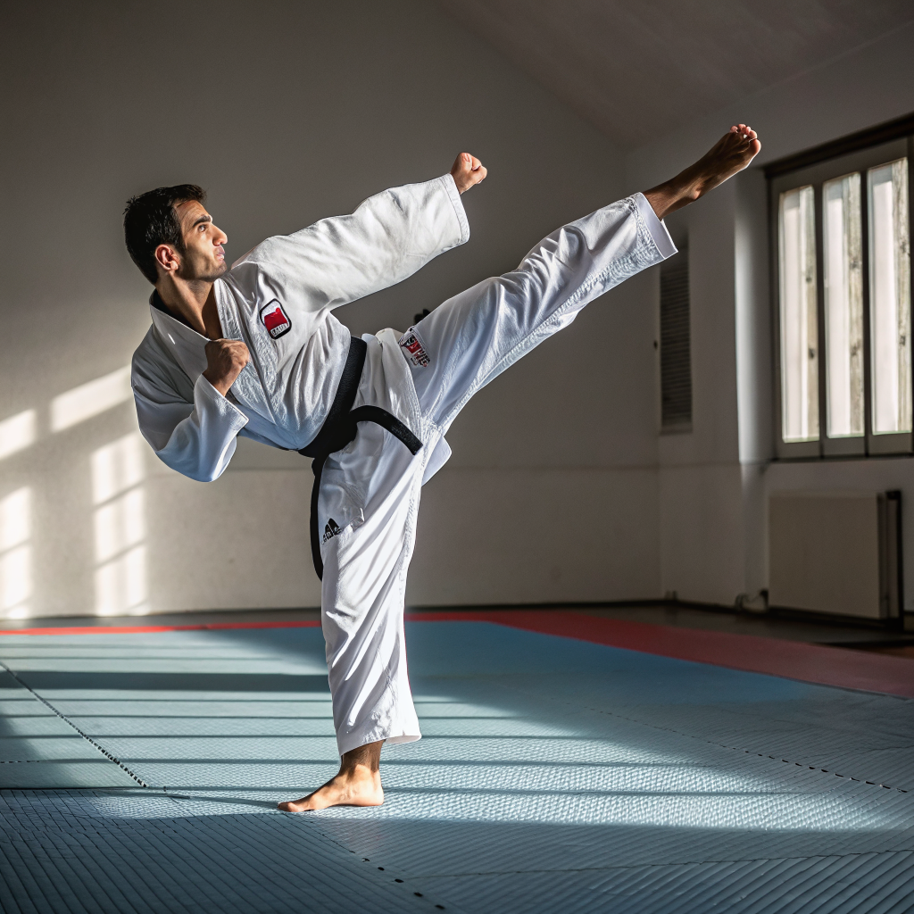 Atleta che pratica karate durante un allenamento in palestra a Torino