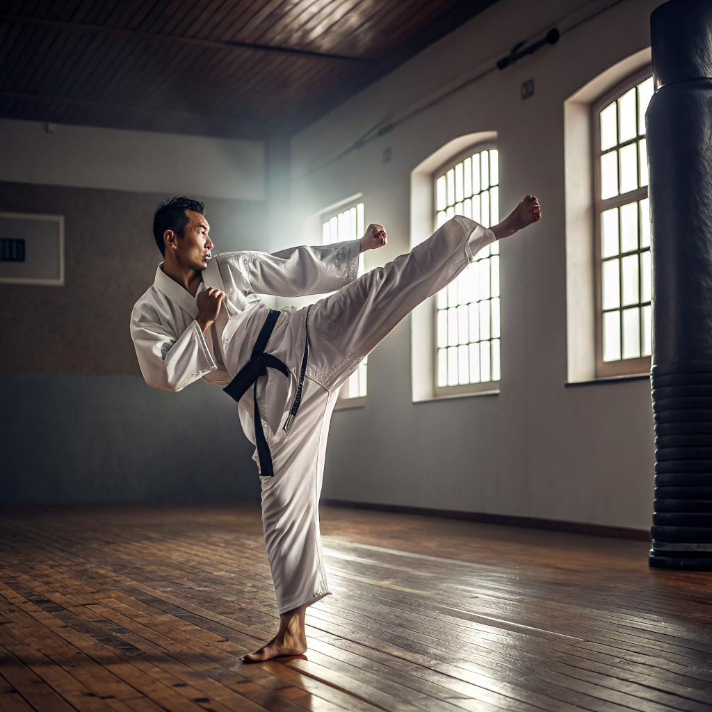 Praticante di karate esegue calcio laterale in dojo a Venezia