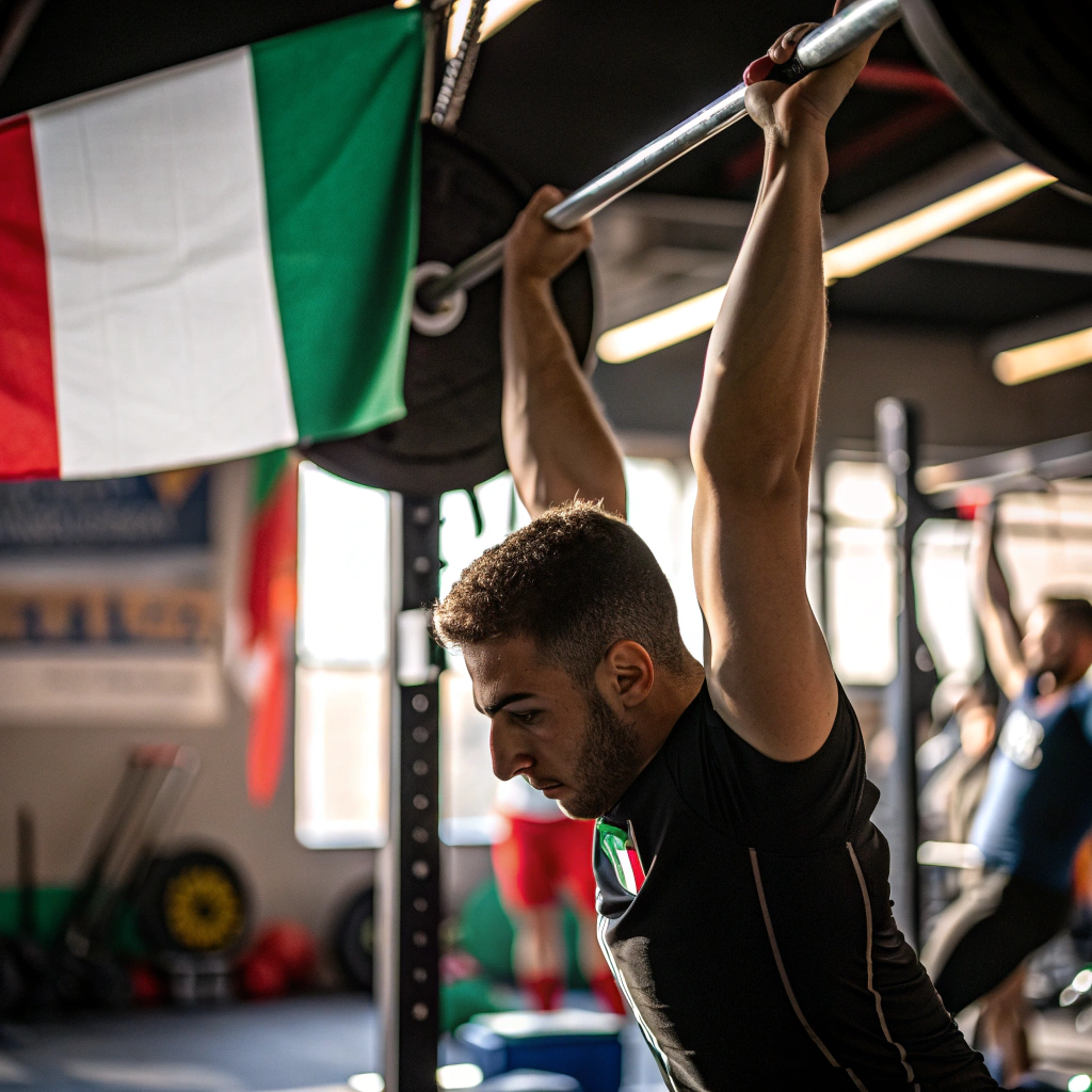 Atleta durante allenamento in palestra a Como, sollevamento pesi con luce naturale