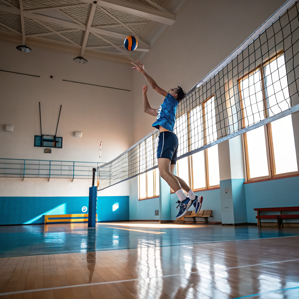 Giocatore di pallavolo che schiaccia la palla durante un'azione di gioco in palestra a Brescia