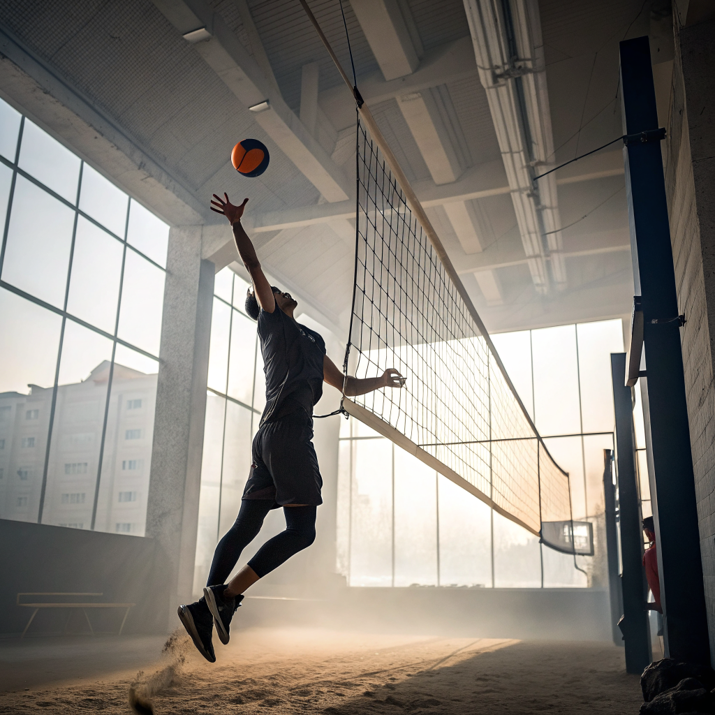 Giocatore di pallavolo in azione durante una schiacciata in palestra a Ravenna
