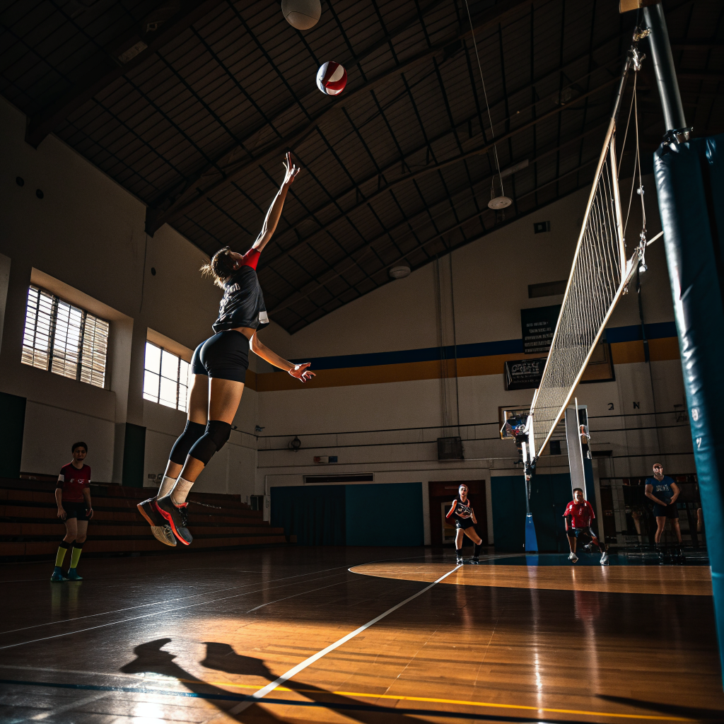 Giocatore di pallavolo in azione durante una schiacciata in una palestra a Taranto