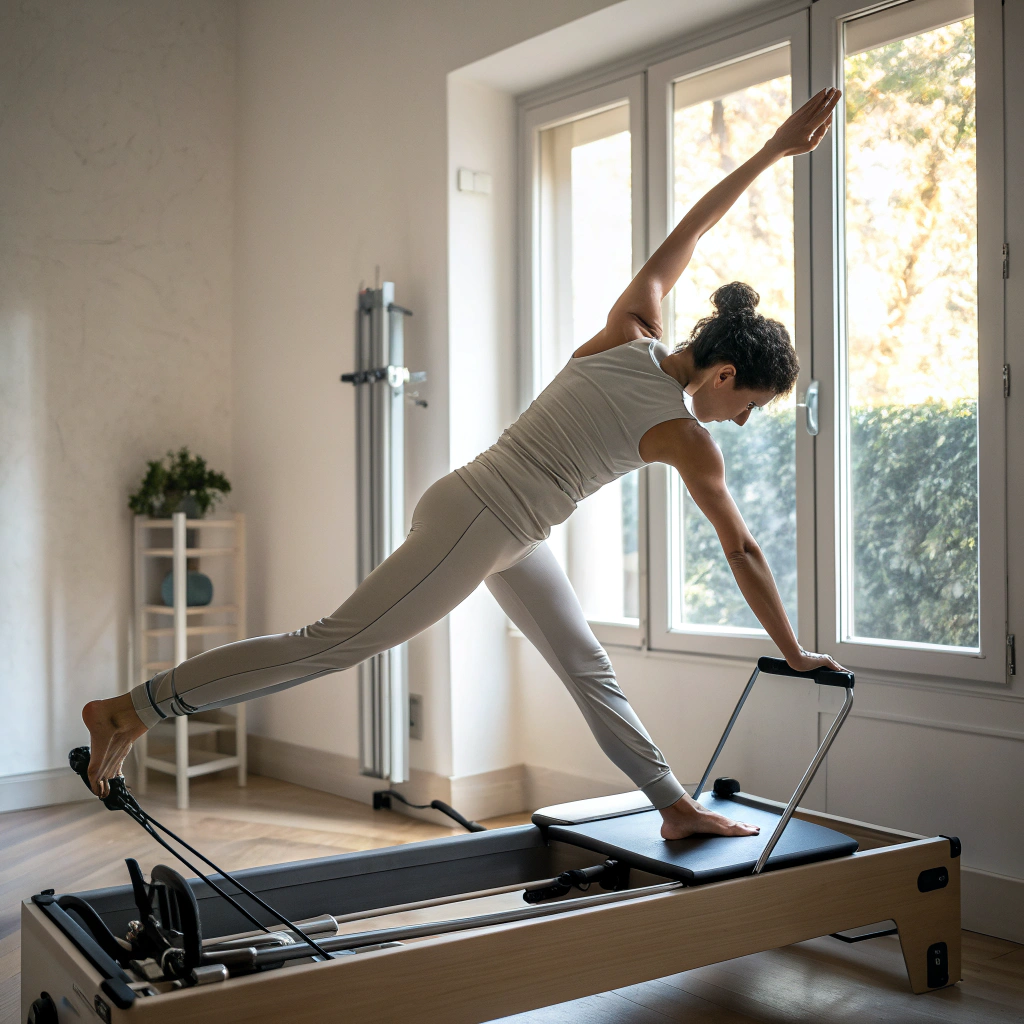Praticante pilates su reformer durante lezione in studio a Catania