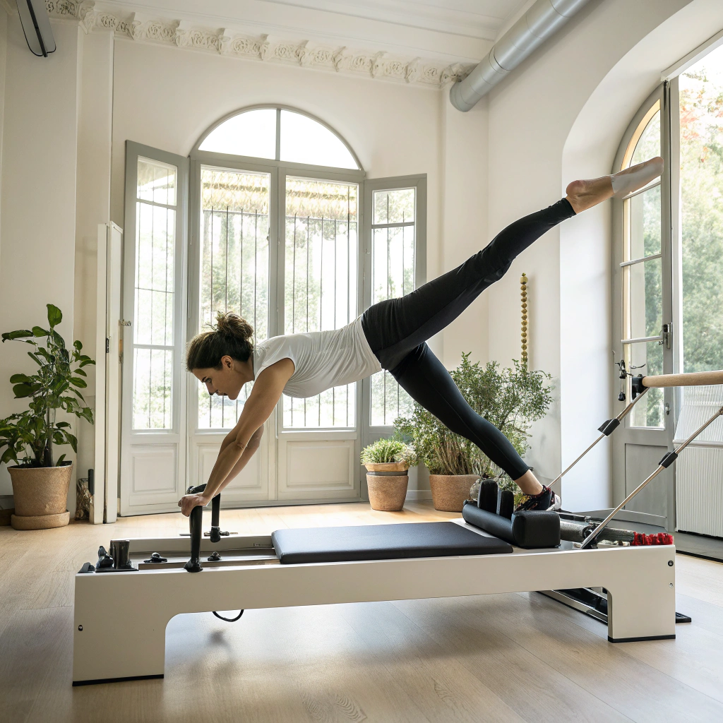 Praticante durante una sessione di Pilates su reformer in uno studio a Cesena