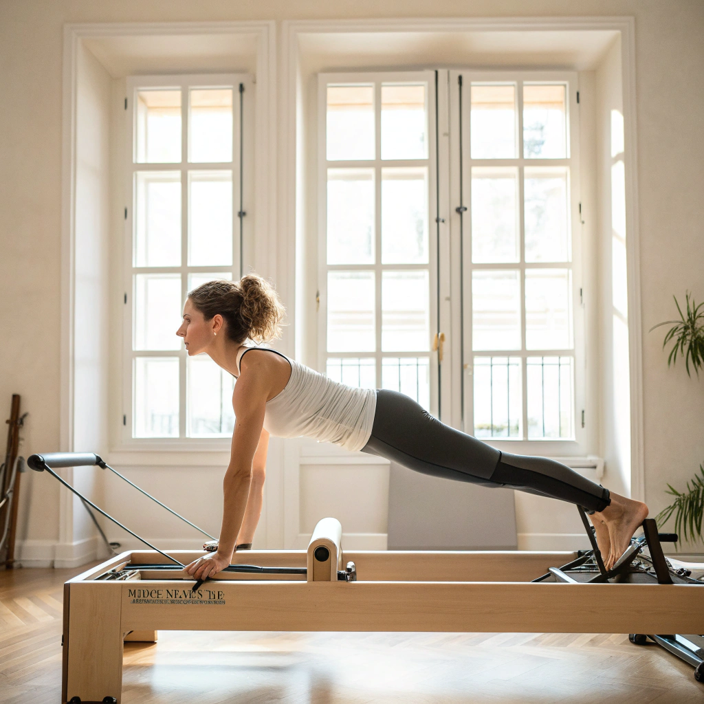 Donna che pratica Pilates su reformer in uno studio a Lucca