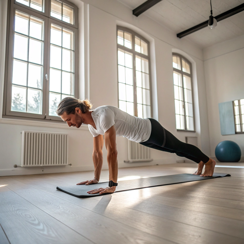 Praticante di Pilates durante esercizio di controllo del core su tappetino in centro sportivo a Rimini