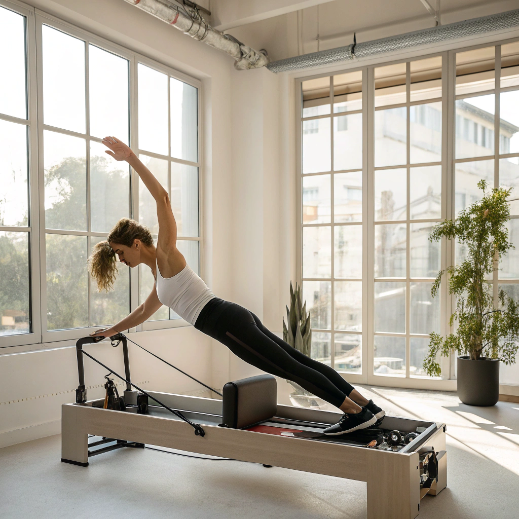 Donna che pratica Pilates su reformer in uno studio a Venezia