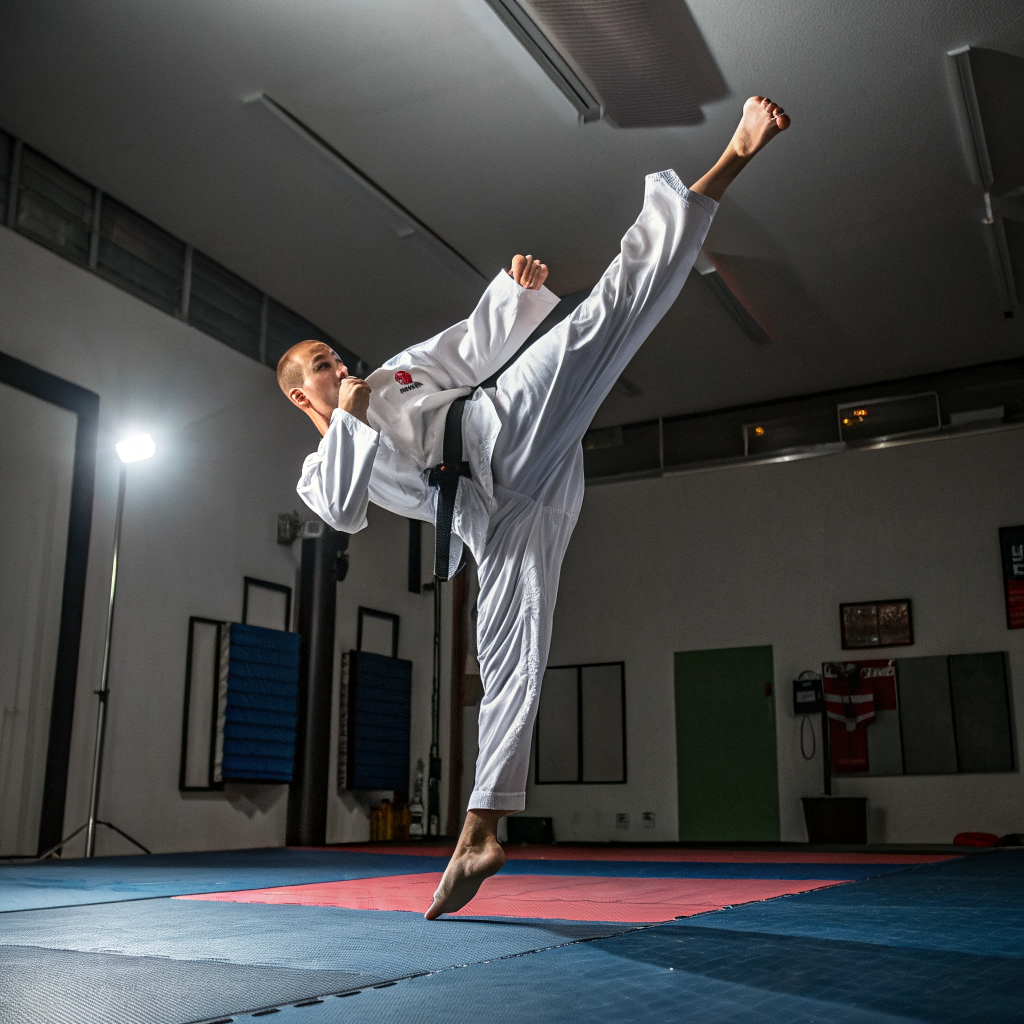 Praticante di taekwondo esegue calcio circolare durante allenamento in palestra a Caserta
