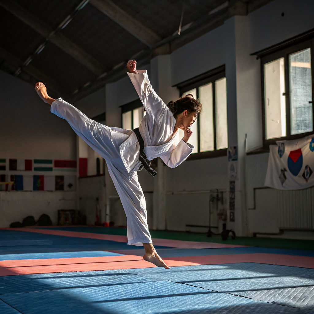 Atleta di Taekwondo esegue calcio rotante durante allenamento in palestra a Genova