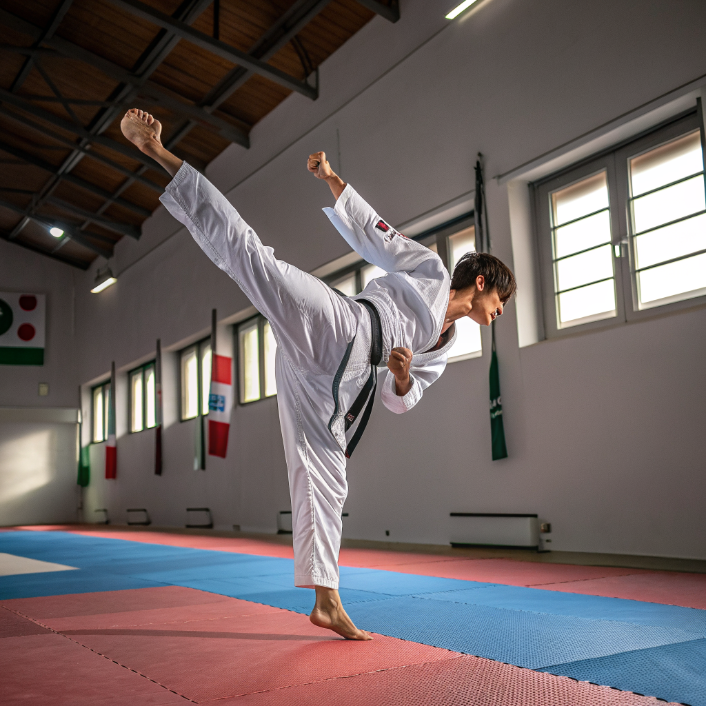 Atleta esegue calcio circolare durante allenamento di Taekwondo in palestra a Milano