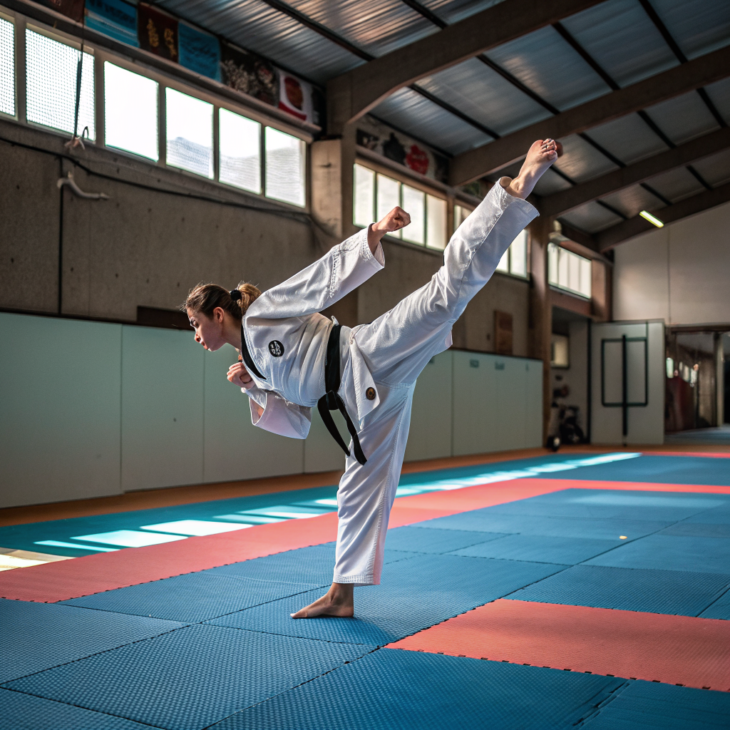 Praticante di Taekwondo esegue un calcio dinamico durante l'allenamento in palestra a Palermo