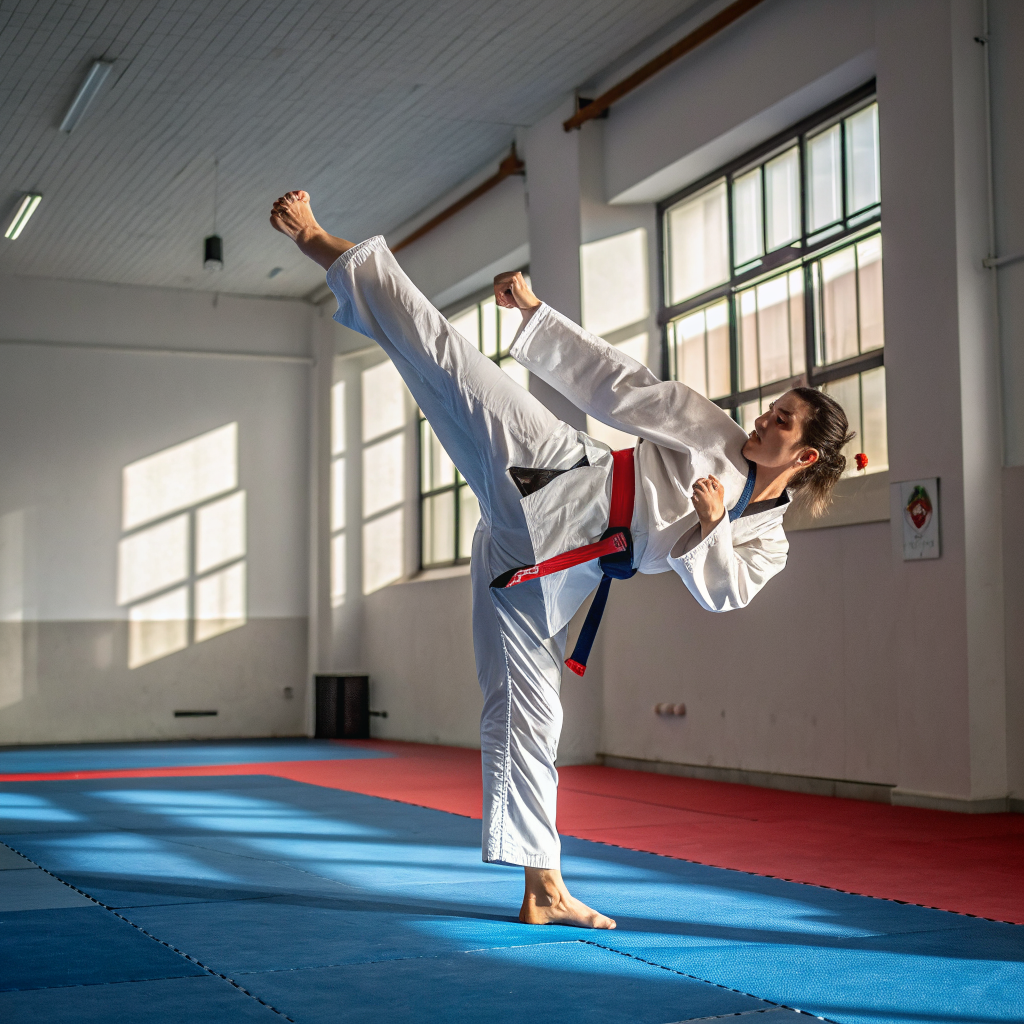 Praticante di taekwondo esegue calcio circolare durante allenamento in palestra a Verona