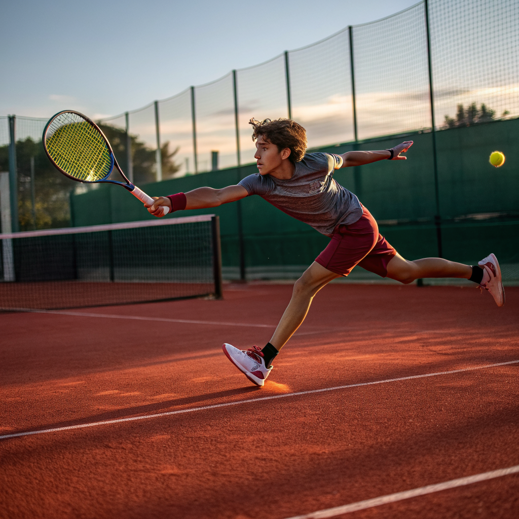 Giocatore di tennis che colpisce un dritto su campo in terra rossa ad Ancona