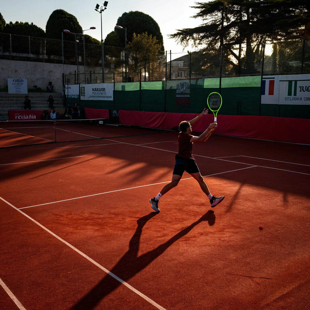 Giocatore di tennis in azione durante un diritto su campo in terra rossa a Bari