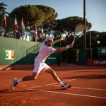 Giocatore di tennis durante un dritto potente su campo in terra rossa a Bergamo