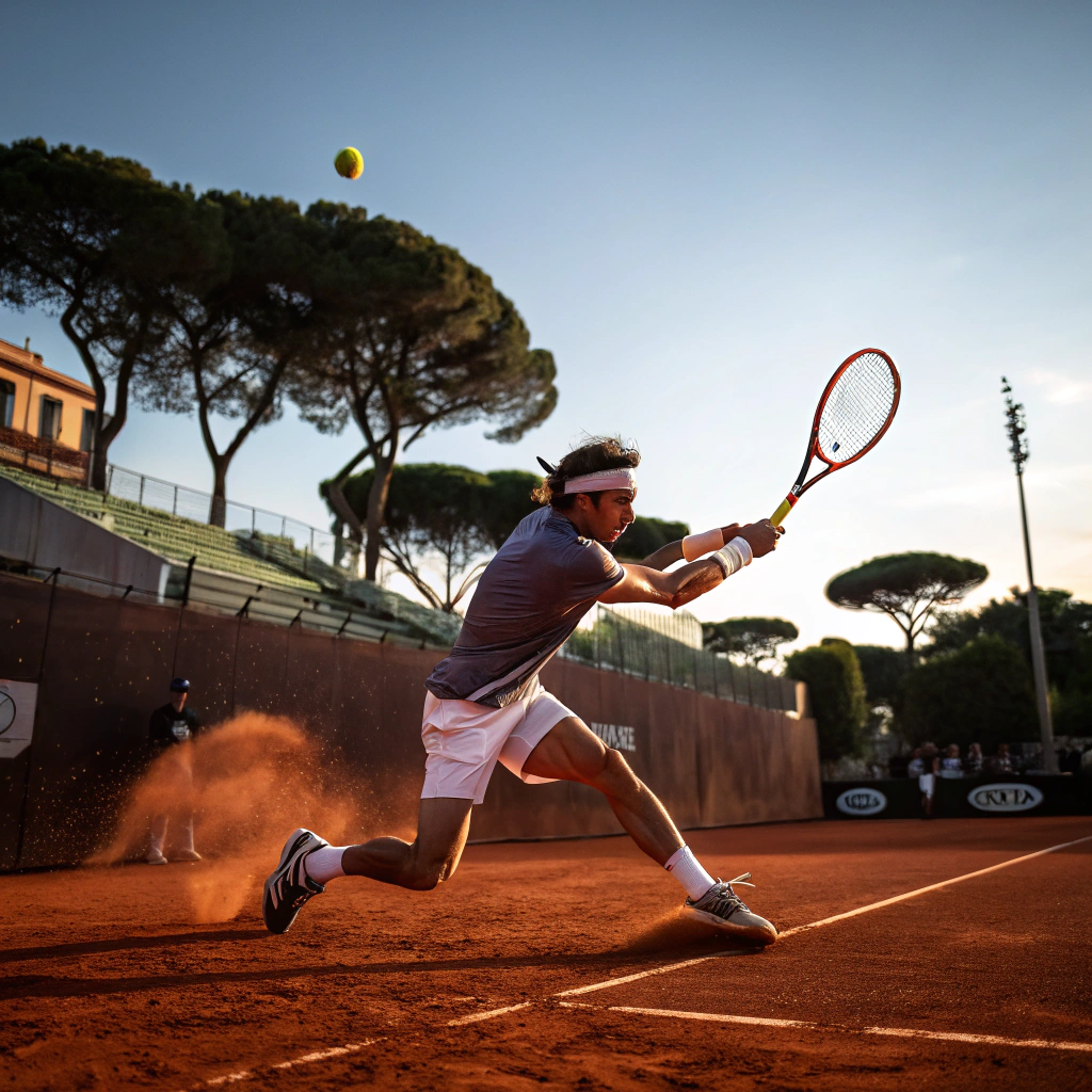 Giocatore di tennis in azione durante un dritto su campo in terra rossa a Bologna