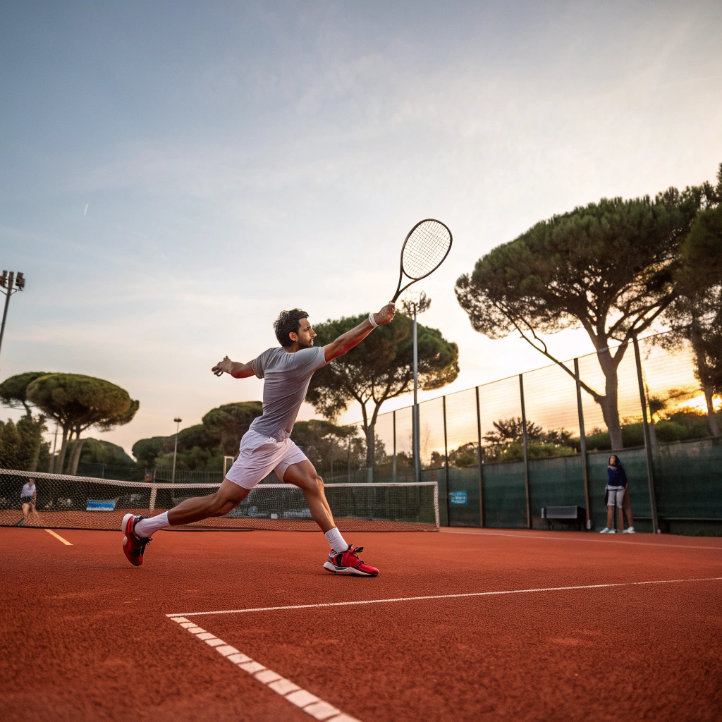 Giocatore di tennis in azione su campo in terra rossa a Firenze
