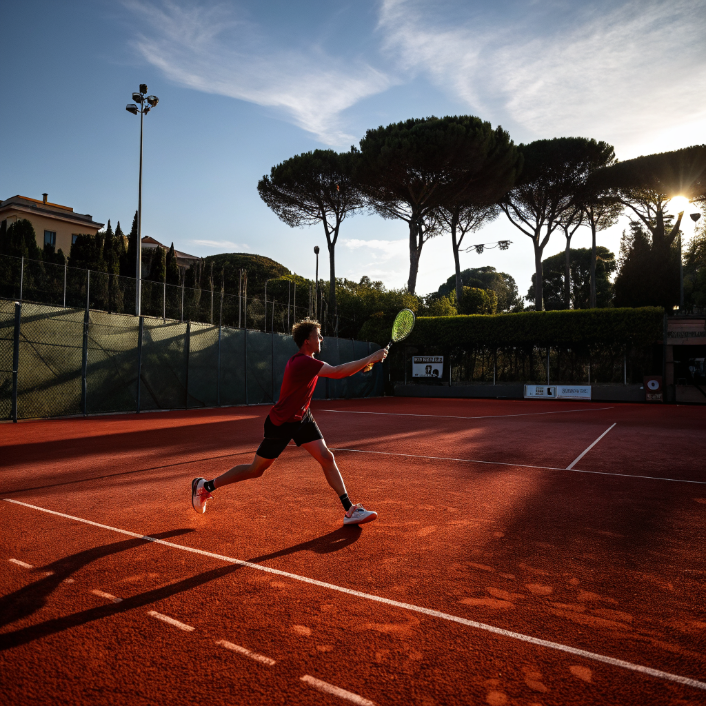 Giocatore di tennis durante un dritto potente su campo in terra rossa a Lecce