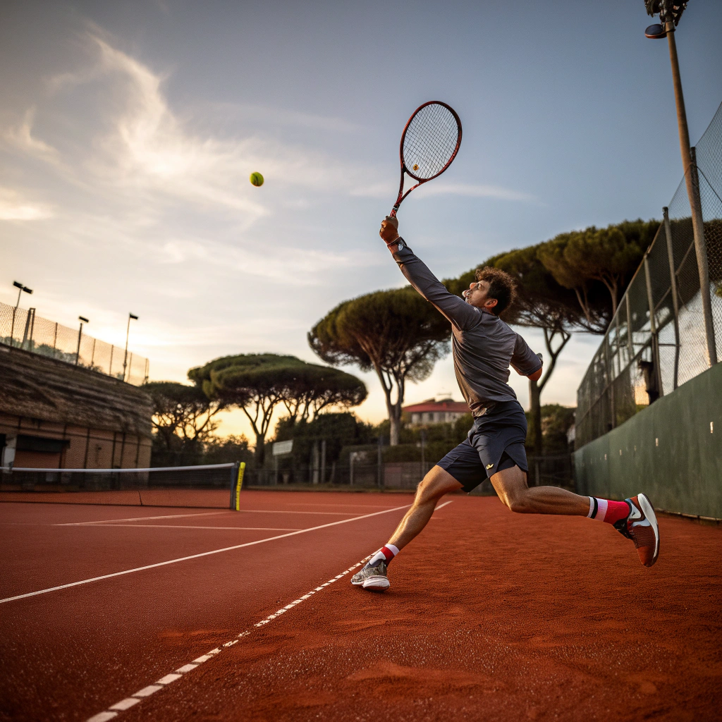 Giocatore di tennis in azione durante un dritto su campo in terra rossa a Modena