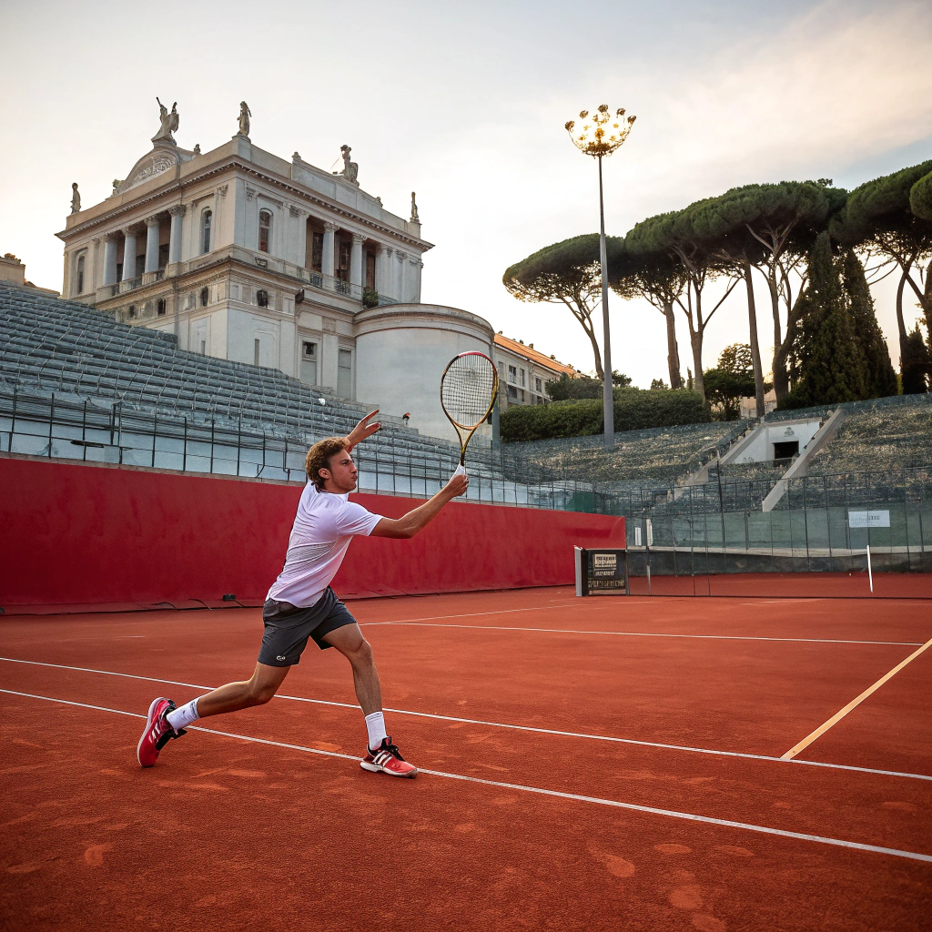 Giocatore di tennis in azione durante un dritto su campo in terra rossa a Monza