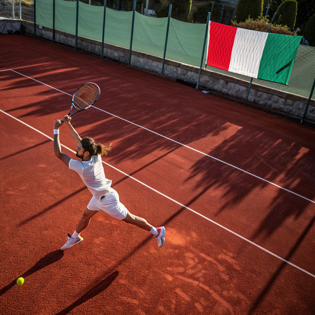 Giocatore di tennis in azione durante un dritto su campo in terra rossa a Padova