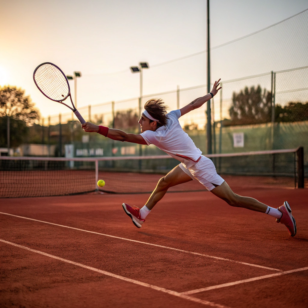 Giocatore di tennis durante un dritto su campo in terra rossa a Palermo