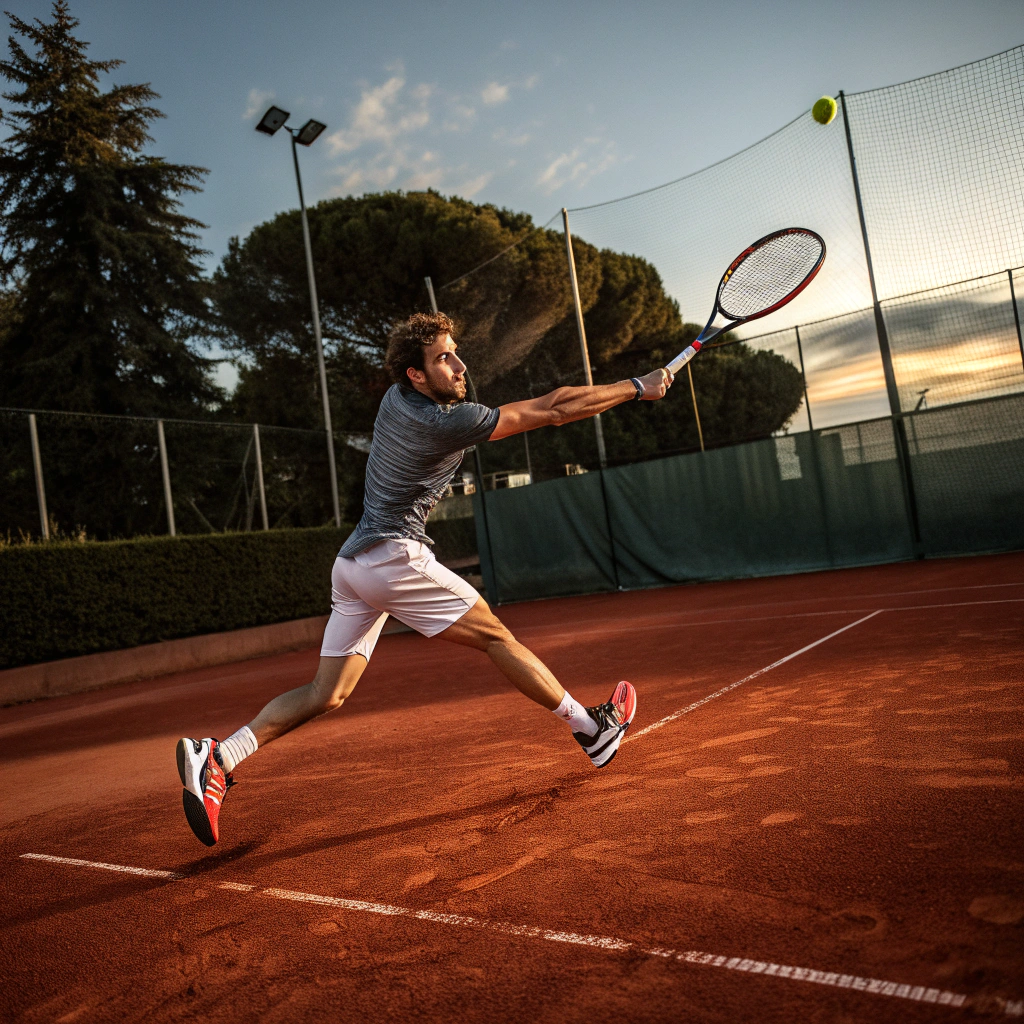 Giocatore di tennis in azione durante un dritto su campo in terra rossa a Parma