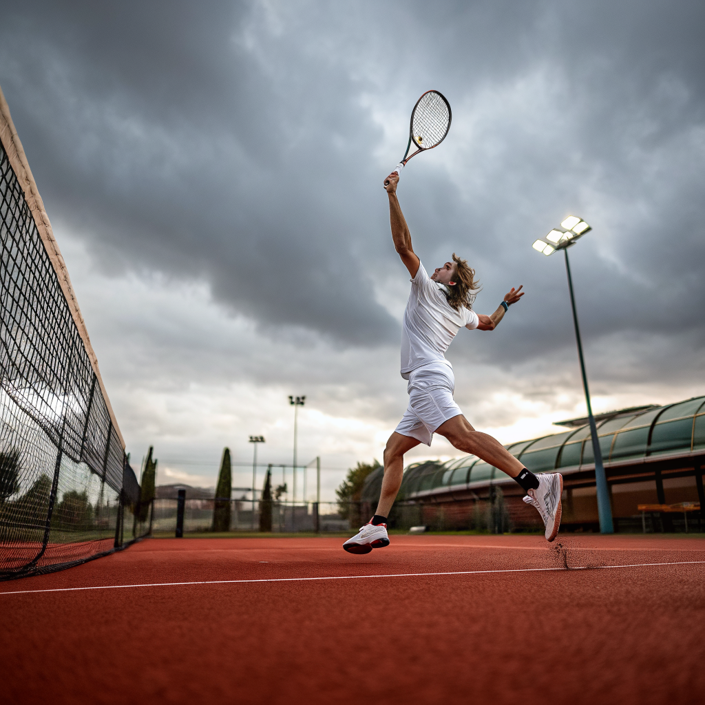 Giocatore di tennis durante un servizio su campo in terra rossa a Perugia
