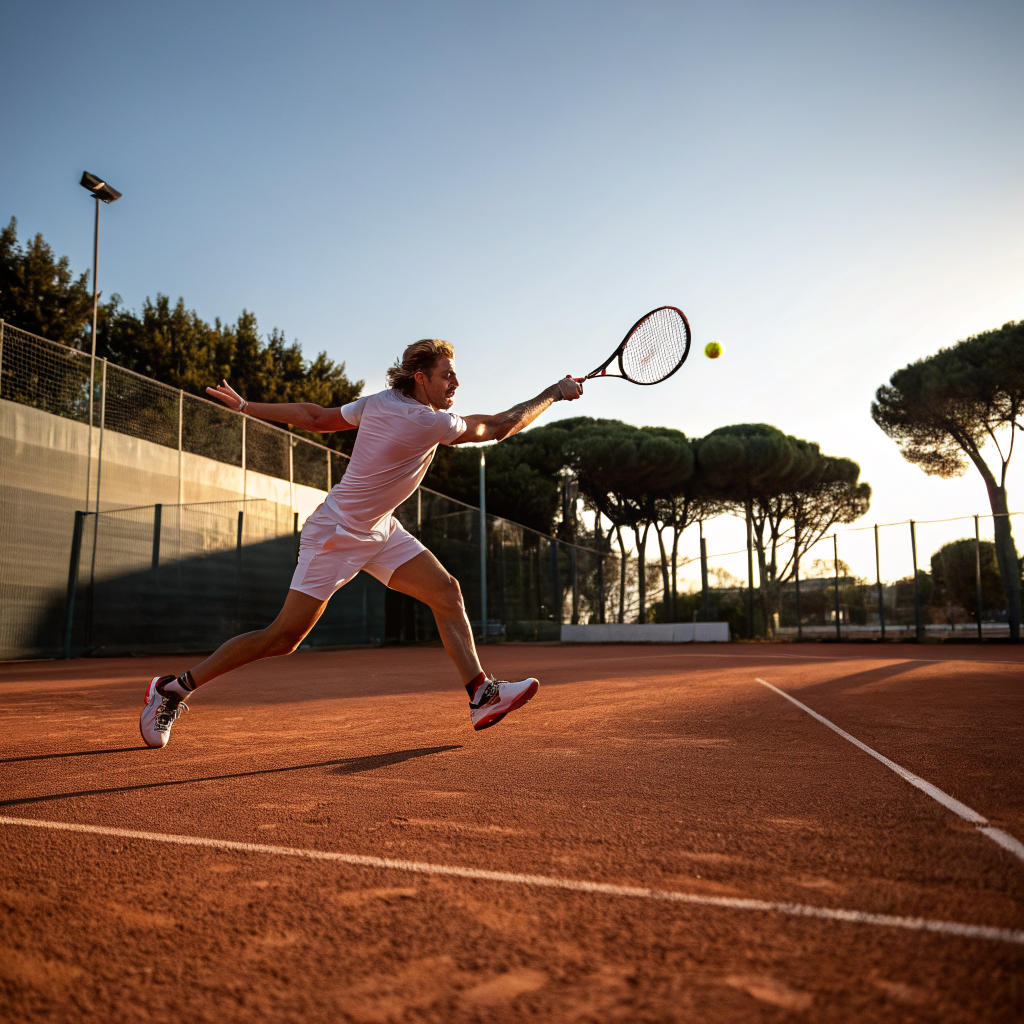 Giocatore di tennis in azione durante un dritto su campo in terra rossa a Piacenza