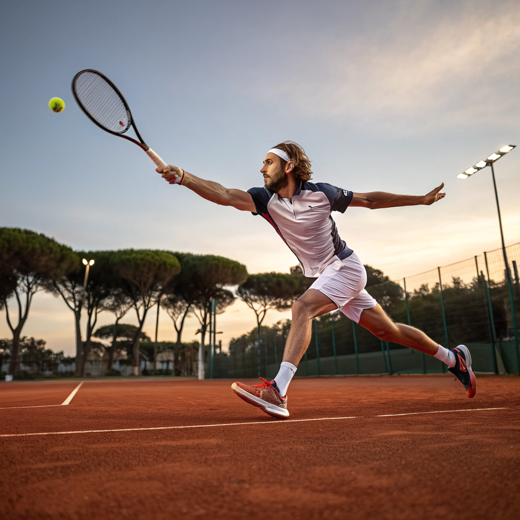 Giocatore di tennis in azione durante un dritto su campo in terra rossa a Pisa