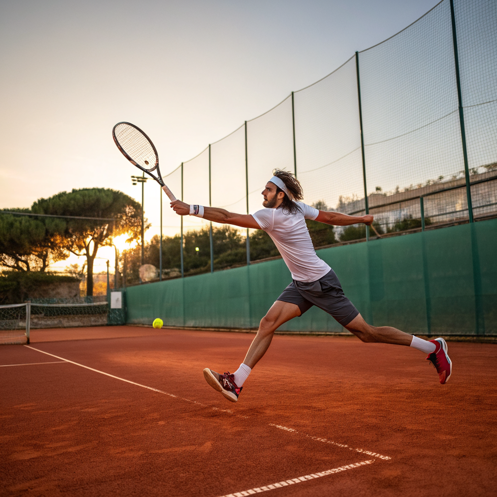 Giocatore di tennis in azione durante un dritto su campo in terra rossa a Ravenna