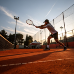 Giocatore di tennis durante un rovescio su campo in terra rossa a Reggio Emilia