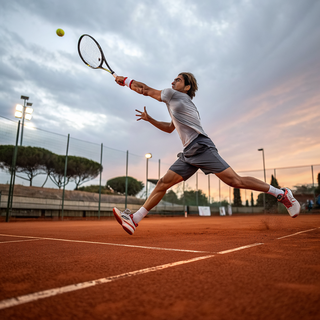 Giocatore di tennis in azione durante un dritto su campo in terra rossa a Rimini