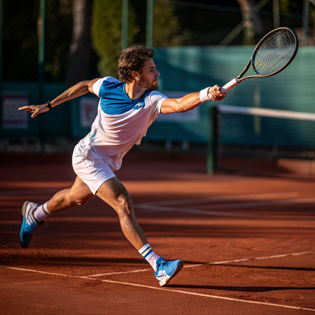 Giocatore di tennis durante un dritto potente su campo in terra rossa a Salerno