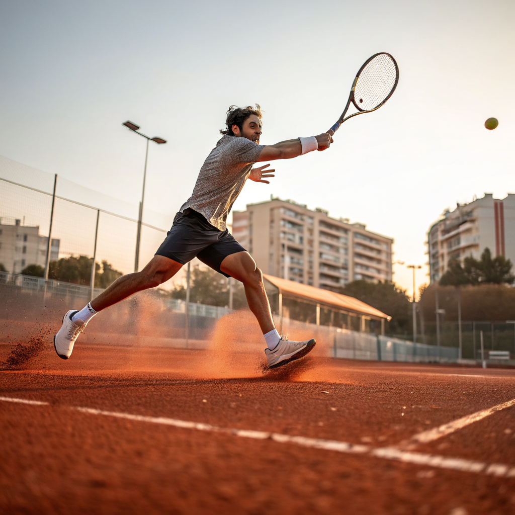 Giocatore di tennis in azione durante un dritto su campo in terra rossa a Siena