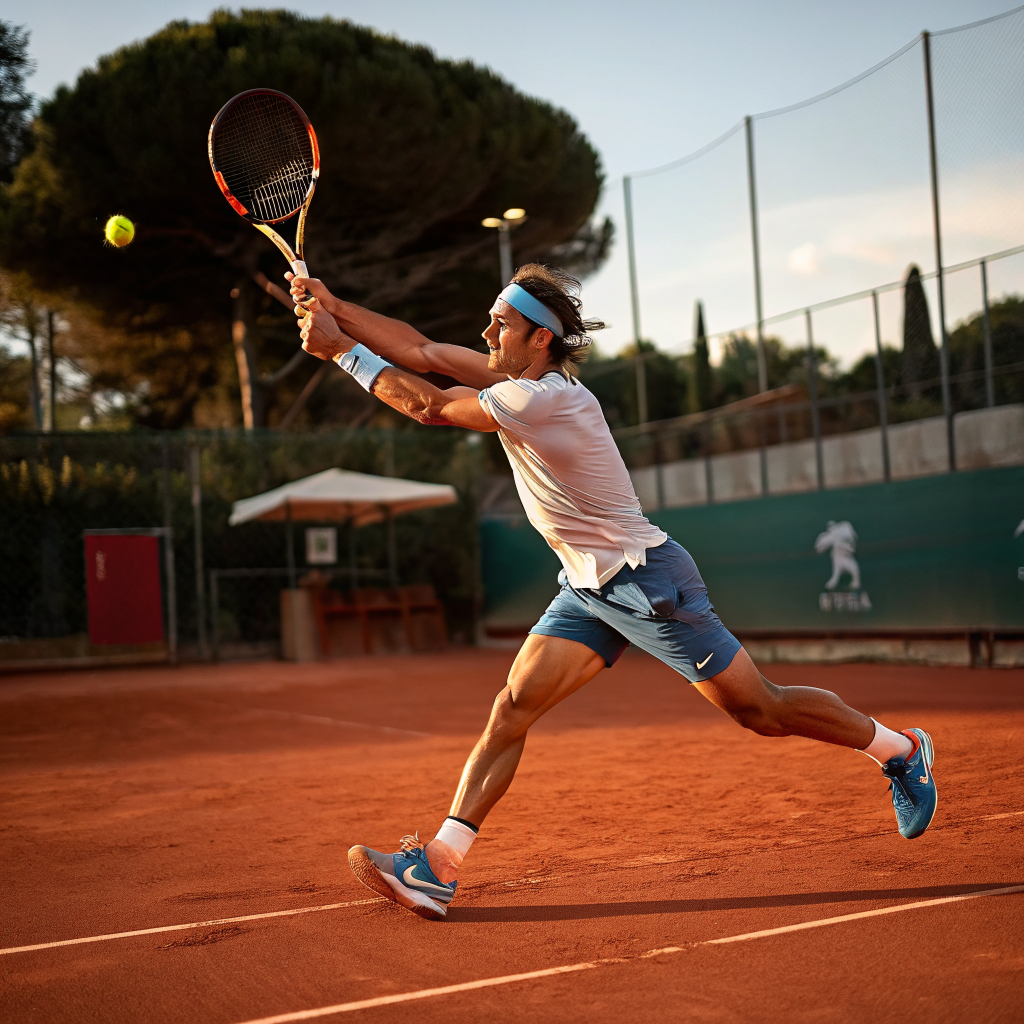 Giocatore di tennis durante un dritto potente su campo in terra rossa