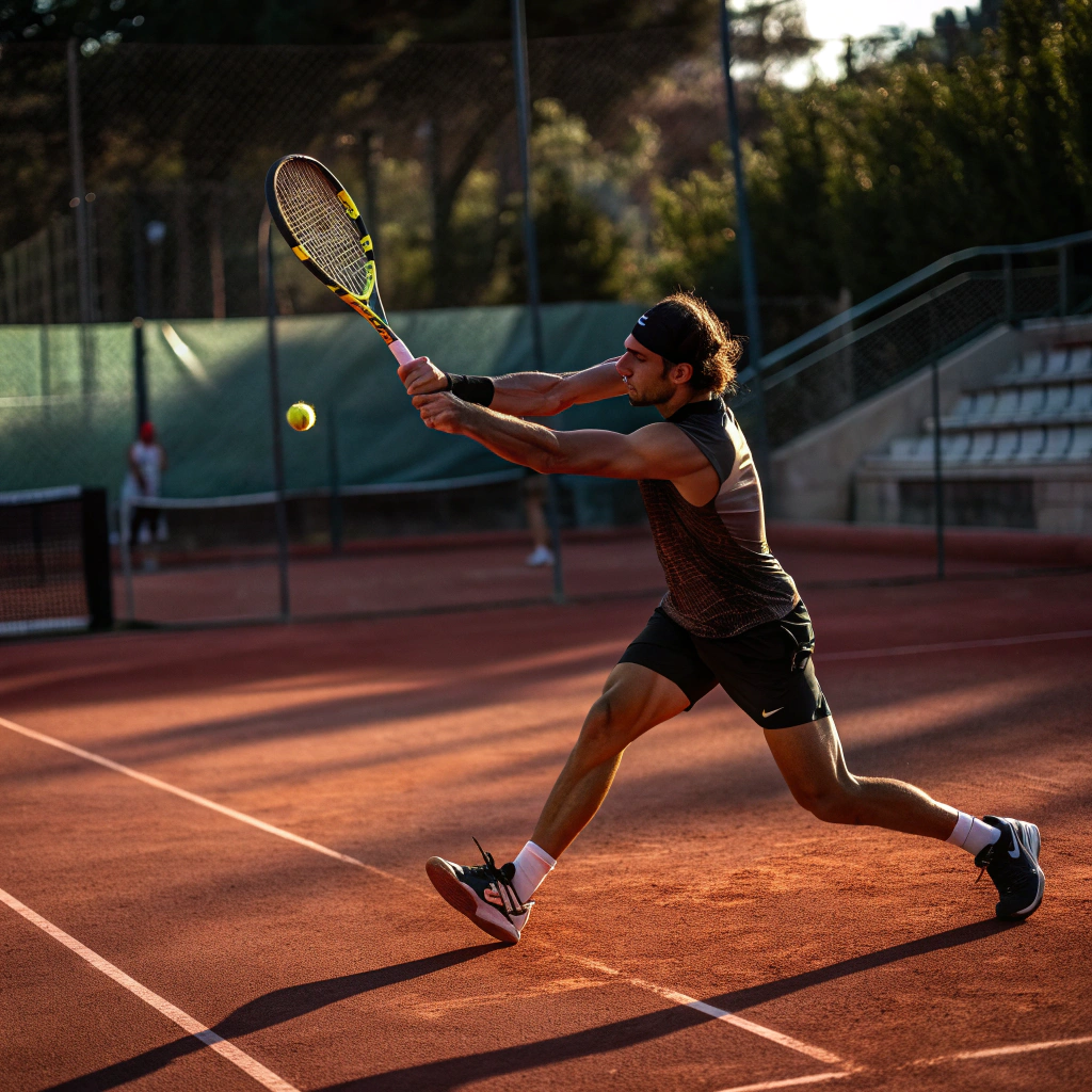 Giocatore di tennis durante un rovescio dinamico su campo in terra rossa a Verona