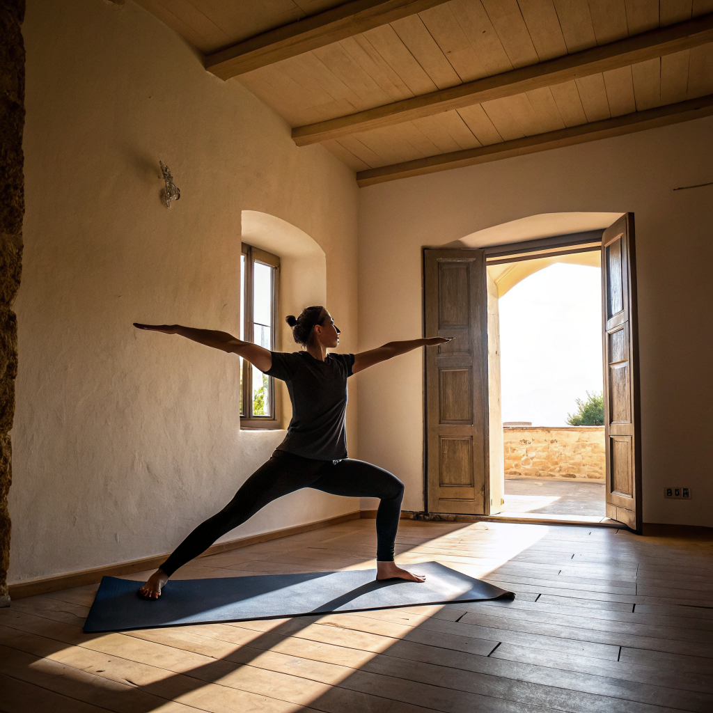 Persona che pratica yoga in posizione del guerriero in una sala luminosa ad Avellino