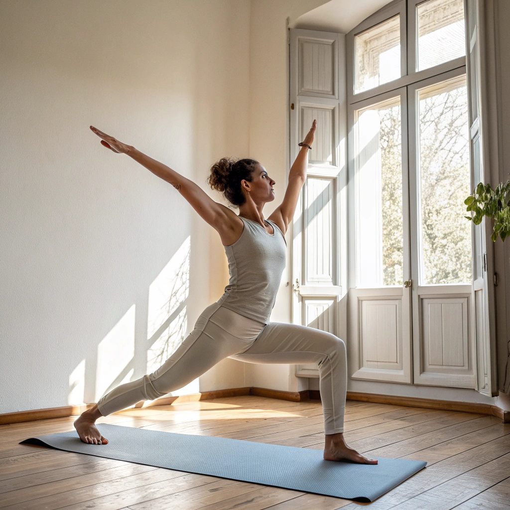 Praticante di yoga in posizione del guerriero durante un corso a Bari