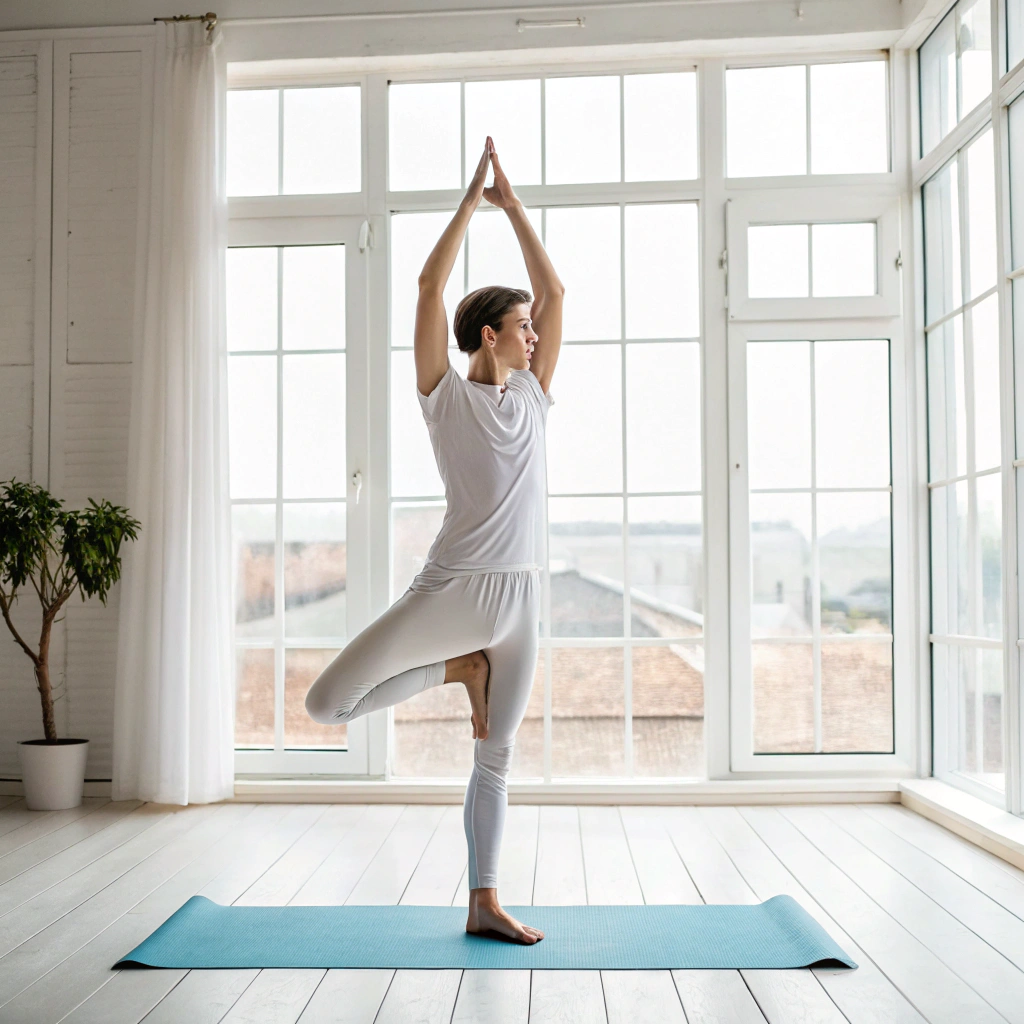 Persona che pratica yoga in posizione di equilibrio su tappetino in sala luminosa a Brescia
