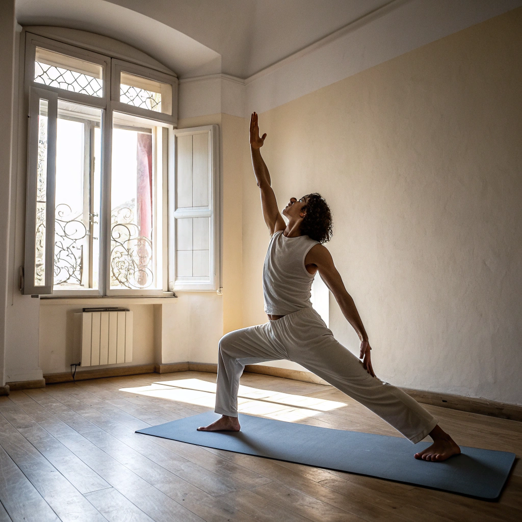 Persona che pratica yoga in posizione del guerriero su tappetino in ambiente luminoso