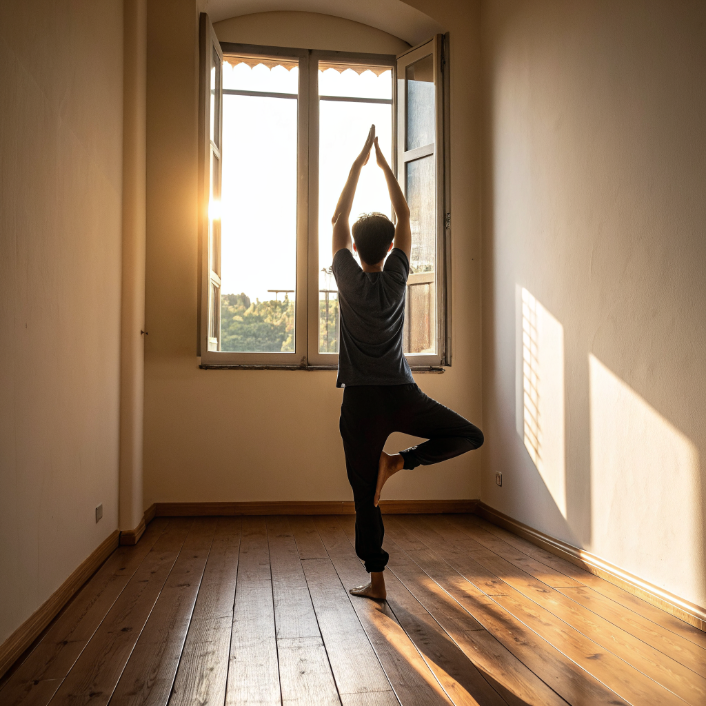 Persona che pratica yoga in posizione di equilibrio su una gamba in ambiente luminoso