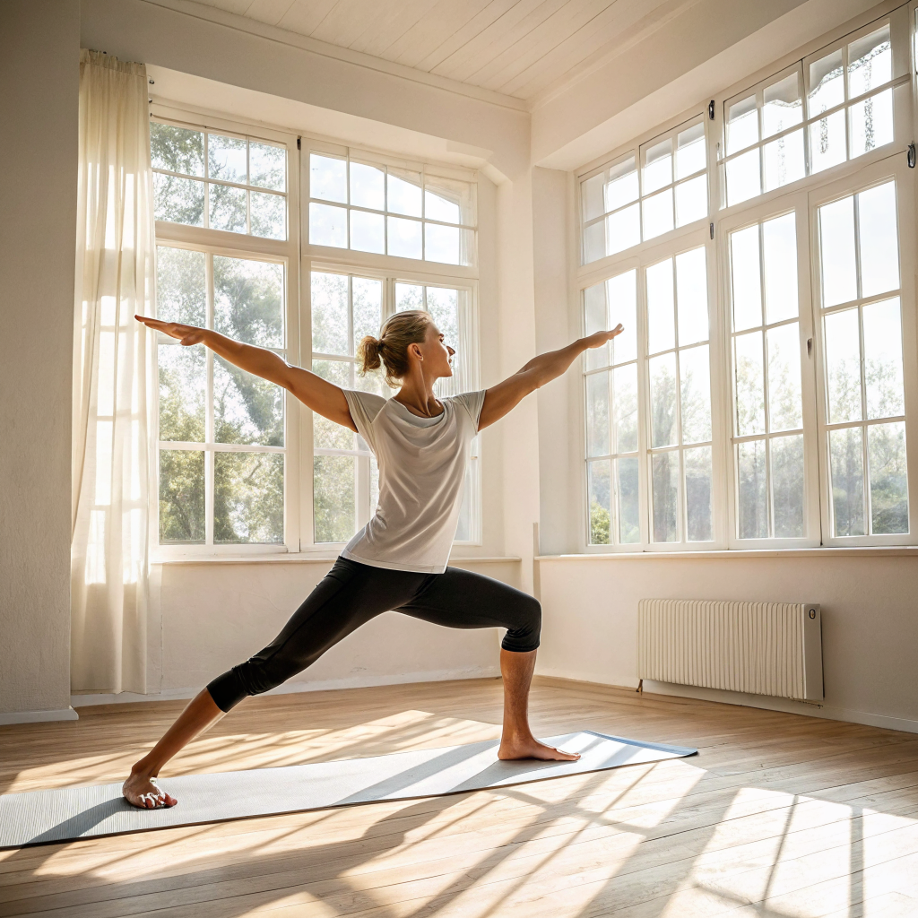 Persona che pratica yoga in equilibrio su una gamba in una sala luminosa a Livorno