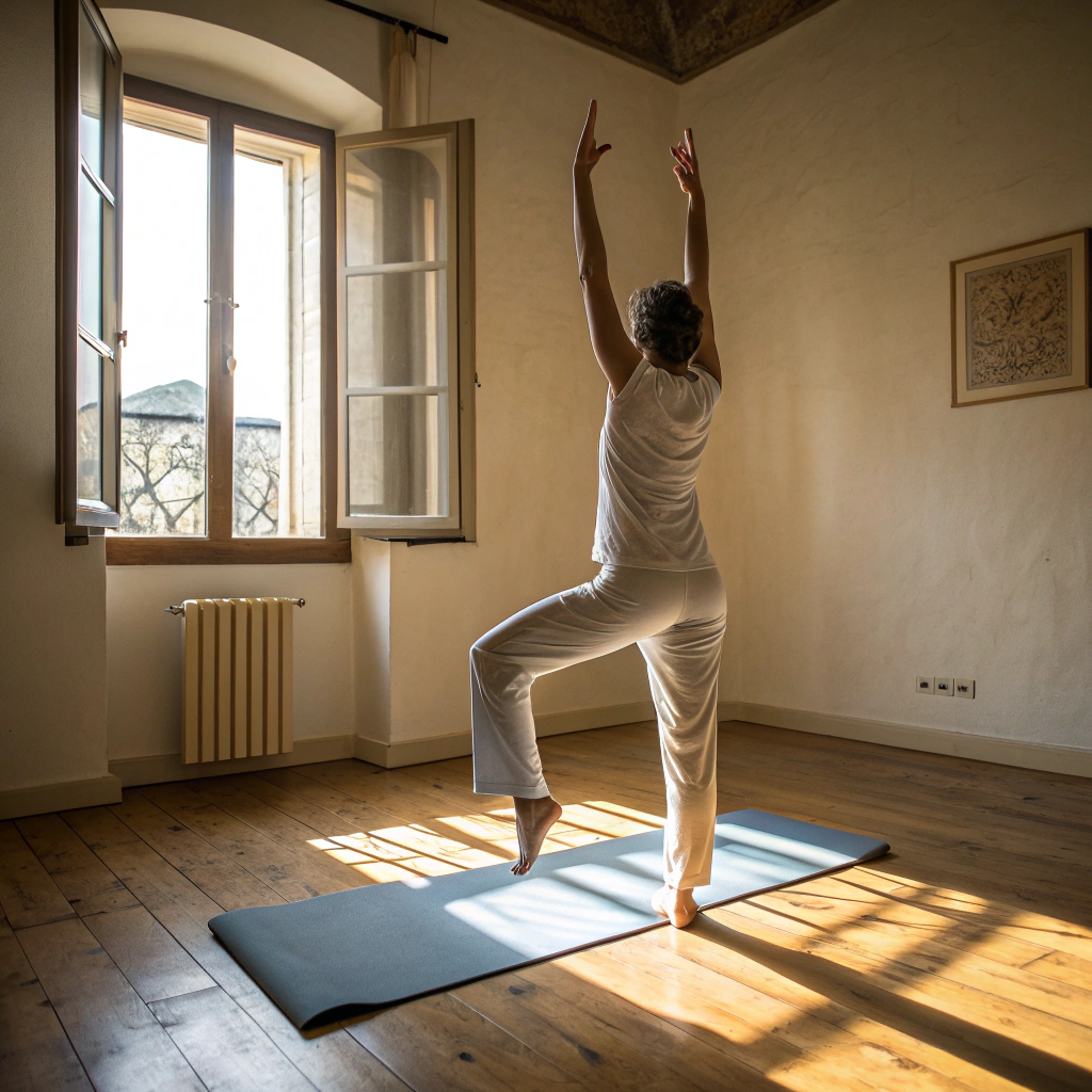 Praticante di yoga in posizione warrior durante lezione in centro sportivo a Padova