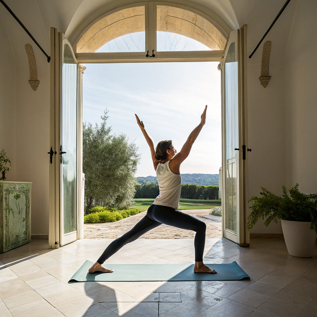 Praticante di yoga in posizione di equilibrio durante un corso a Perugia